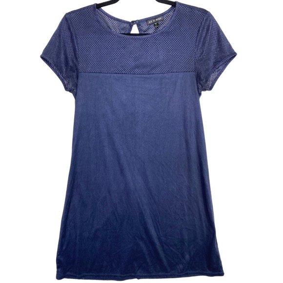 As U‎ Wish Short-Sleeve Faux-Suede Shift Dress Navy Blue Fall Mesh Cut Out - Picture 1 of 6